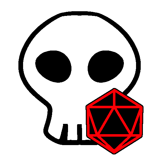A black and white skull with a red d20 in the corner.